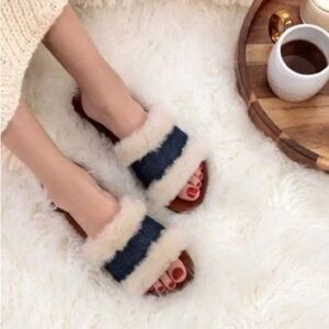 Californians Open Toe Denim & Shearling Slide Sandal NEW Size 8 Leather Footbed